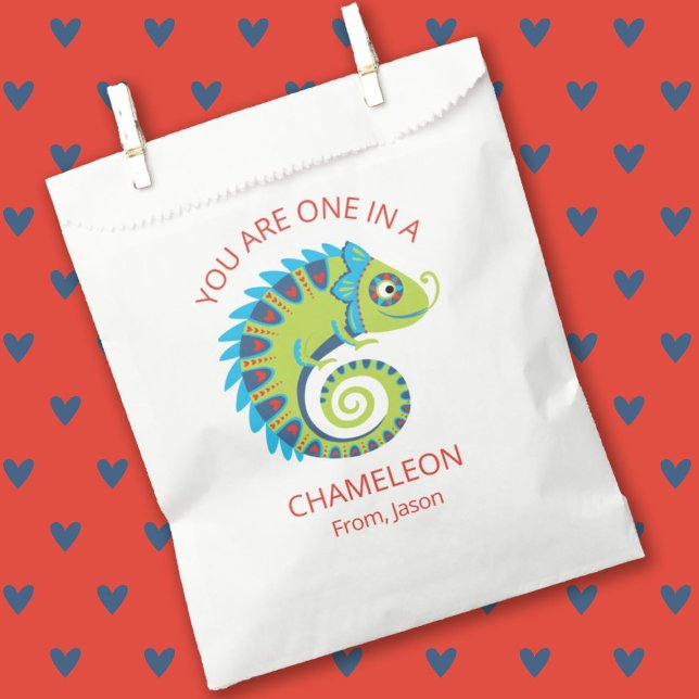 Cute Chameleon Kids Valentines Day Classroom Favour Bag (A cute kids classroom Valentines Day Treat bag featuring a chameleon.)