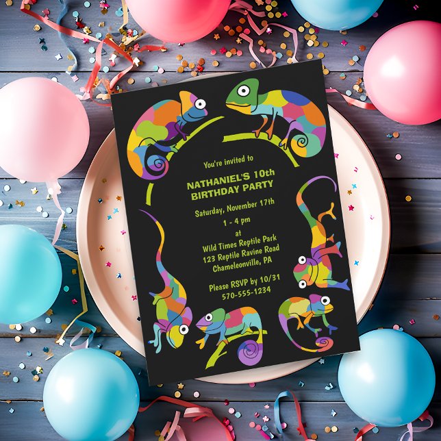 Cute Chameleons Colourful Kids Birthday Party Invitation (Creator Uploaded)
