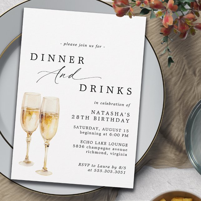  Cute Champagne | Modern Elegant Birthday Dinner Invitation (Creator Uploaded)