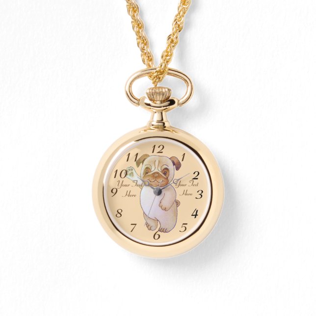 cute character drawing of dog waving brown pug watch (Front)