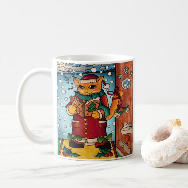 Cute Charming Christmas Carol Singer Cat Coffee Mug (With Donut)