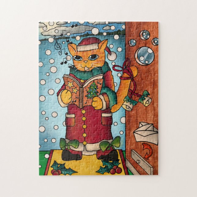 Cute Charming Christmas Carol Singer Cat Jigsaw Puzzle (Vertical)