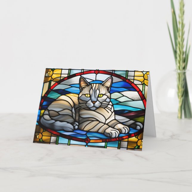 Cute Chartreux Cat Stained Glass Card (Front)
