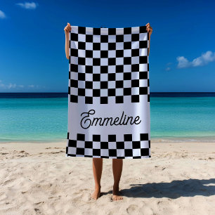 Cute Checkered Black and White Custom Name Beach Towel