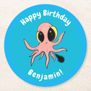 Cute, cheeky baby octopus cartoon round paper coaster