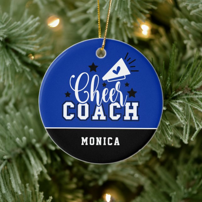 Cute Cheer Coach Personalised Blue and Black Ceramic Ornament (Tree)