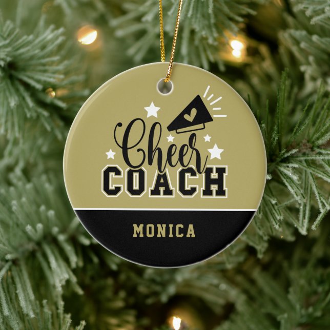 Cute Cheer Coach Personalised Gold and Black Ceramic Ornament (Tree)