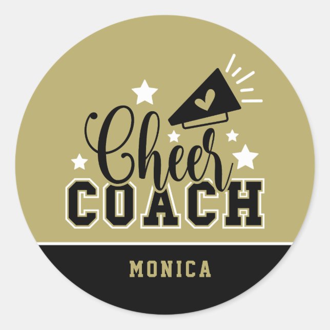 Cute Cheer Coach Personalised Gold and Black Classic Round Sticker (Front)