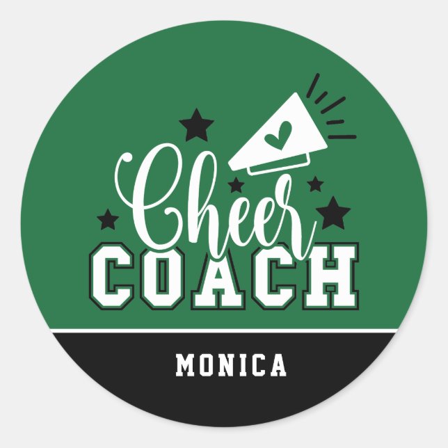 Cute Cheer Coach Personalised Green and Black Classic Round Sticker (Front)