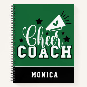 Cute Cheer Coach Personalised Green and Black Notebook