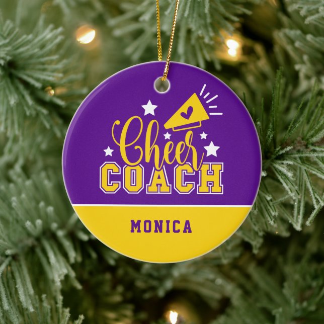 Cute Cheer Coach Personalised Purple & Yellow Ceramic Ornament (Tree)