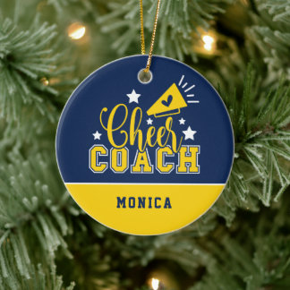 Cute Cheer Coach Personalised Royal Blue & Yellow Ceramic Ornament