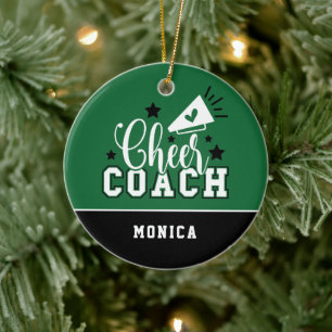 Cute Cheer Coach Personalized Green and Black Ceramic Ornament