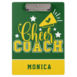 Cute Cheer Coach Personalized Kelly Green & Yellow Clipboard