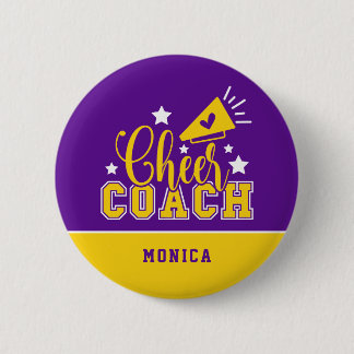 Cute Cheer Coach Personalized Purple & Yellow 6 Cm Round Badge