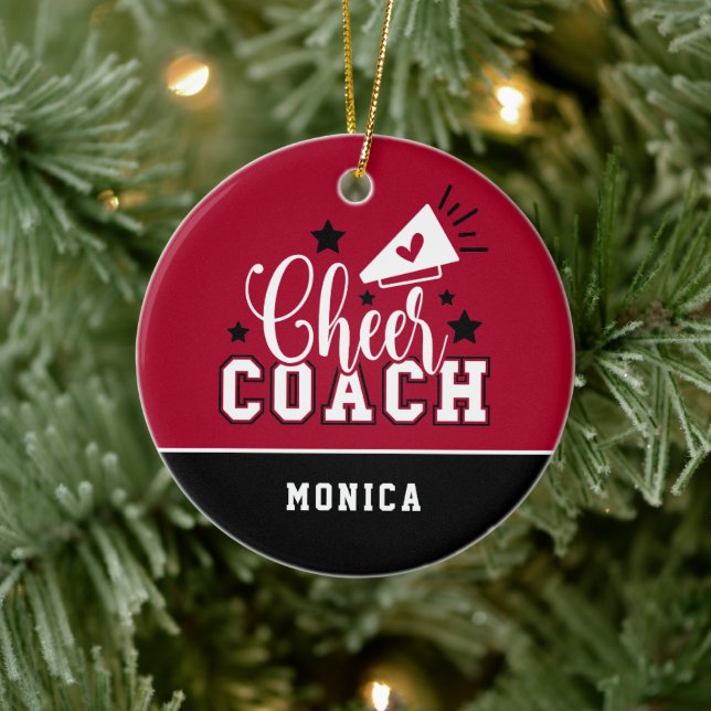 Cute Cheer Coach Personalized Red and Black Ceramic Ornament (Tree)