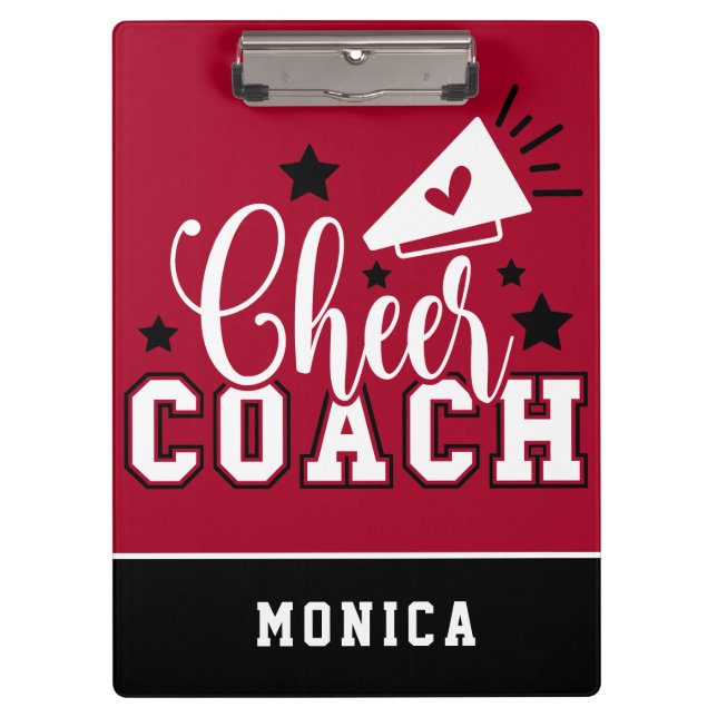 Cute Cheer Coach Personalized Red and Black Clipboard (Front)