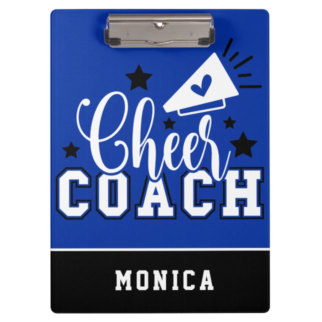Cute Cheer Coach Personalized Royal Blue and Black Clipboard (Front)
