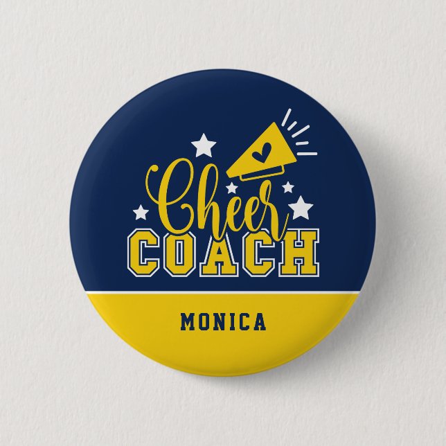 Cute Cheer Coach Personalized Royal Blue & Yellow 6 Cm Round Badge (Front)