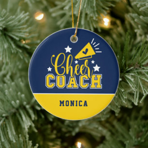 Cute Cheer Coach Personalized Royal Blue & Yellow Ceramic Ornament