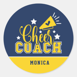 Cute Cheer Coach Personalized Royal Blue & Yellow Classic Round Sticker