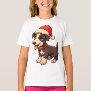 Cute Cheerful Christmas Puppy with Santa Hat T-Shirt