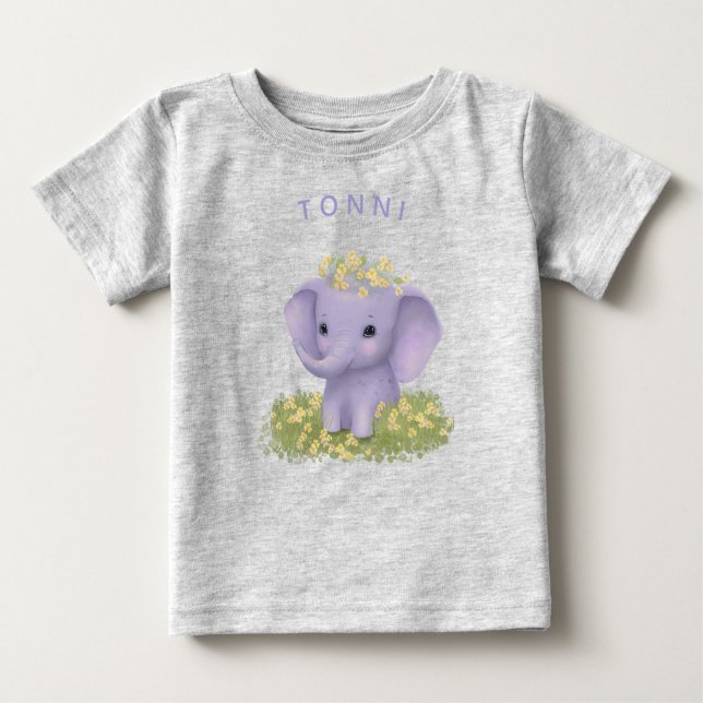 cute, cheerful elephant with wildflowers baby T-Shirt (Front)