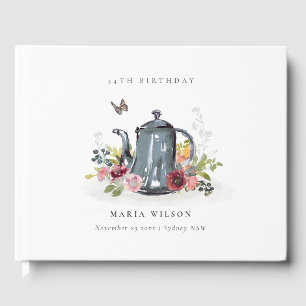 Cute Cheerful Roses Floral Teapot Any Age Birthday Guest Book