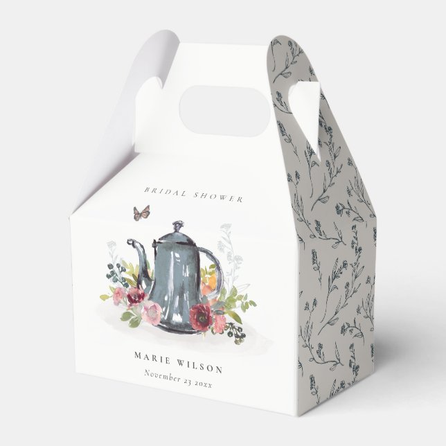 Cute Cheerful Roses Floral Teapot Bridal Shower Favour Box (Front Side)