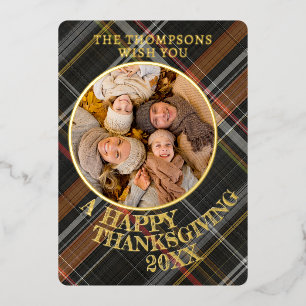 Cute Cheerful Thanksgiving Plaid Pattern Gold Foil Holiday Card