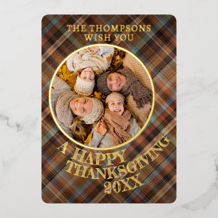 Cute Cheerful Thanksgiving Plaid Pattern Gold Foil Holiday Card