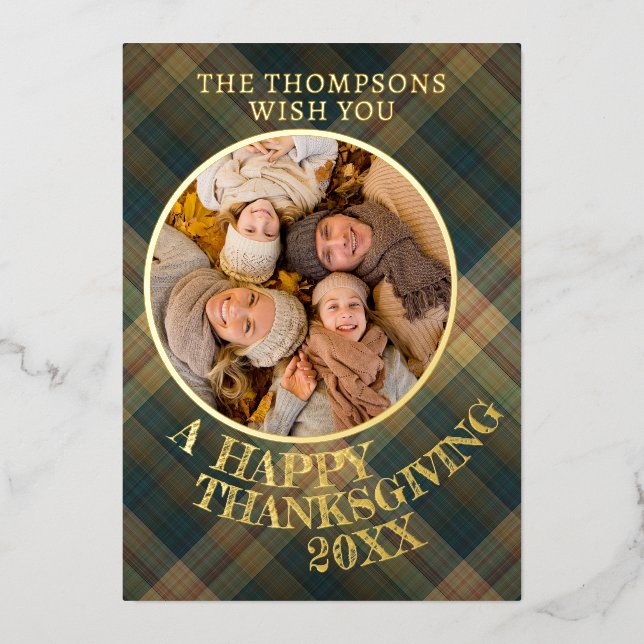 Cute Cheerful Thanksgiving Plaid Pattern Gold Foil Holiday Card (Front)