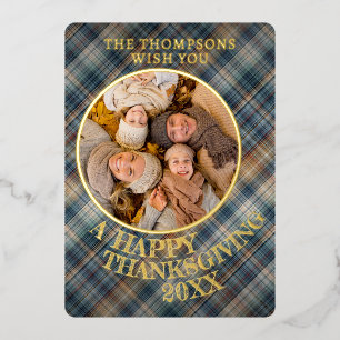 Cute Cheerful Thanksgiving Plaid Pattern Gold Foil Holiday Card