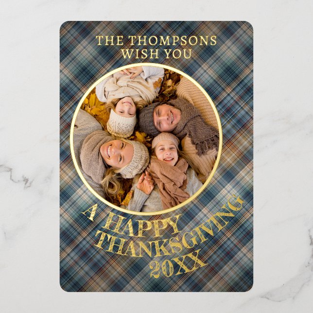 Cute Cheerful Thanksgiving Plaid Pattern Gold Foil Holiday Card (Front)