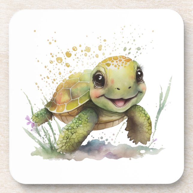 Cute Cheerful Tortoise Hard plastic coaster (Front)