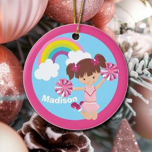 Cute Cheerleader Monogram Pink Kids Christmas Ceramic Ornament