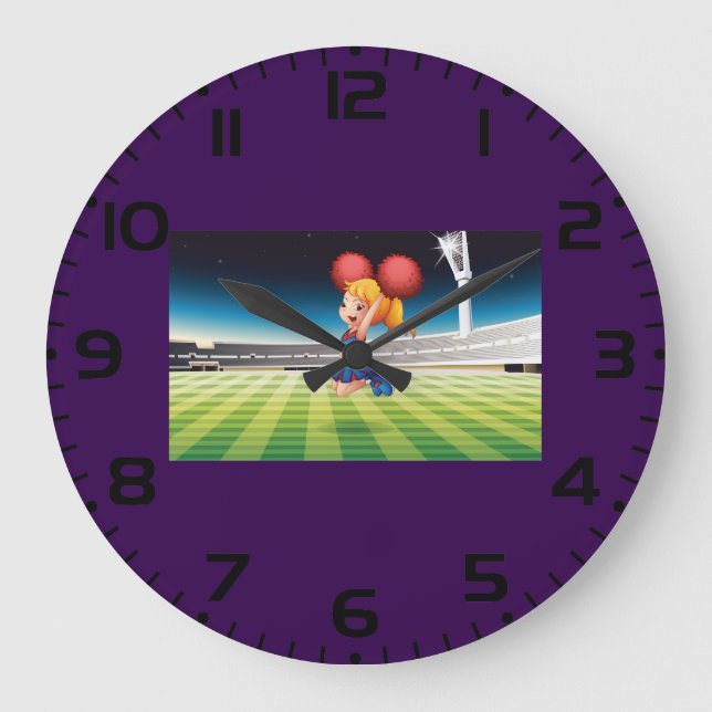 Cute Cheerleader on Sports Field Large Clock (Front)