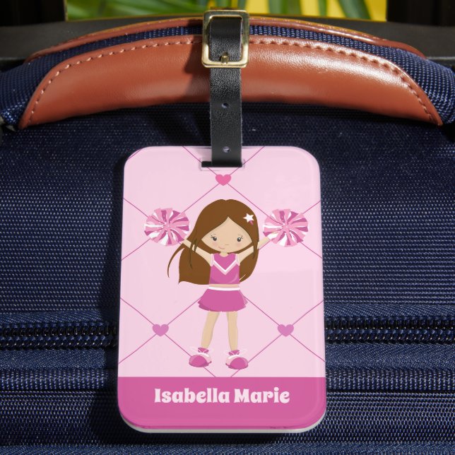 Cute Cheerleader Pink Hearts Personalised Cheer Luggage Tag (Front Insitu 2)