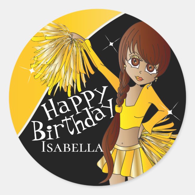 Cute Cheerleader Pom Pom Girls | Golden Yellow Classic Round Sticker (Front)