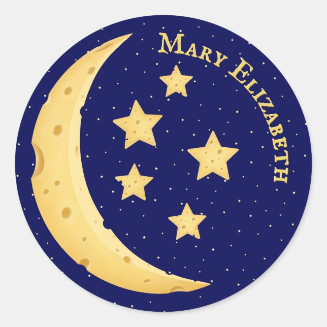 Cute Cheese Moon & Stars Personalised Celestial Classic Round Sticker (Front)