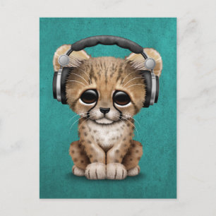 Cute Cheetah Cub Dj Wearing Headphones on Blue Postcard