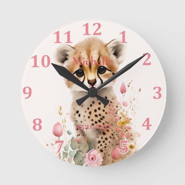 Cute Cheetah Cub Pastel Watercolor Spring Flowers Round Clock (Front)