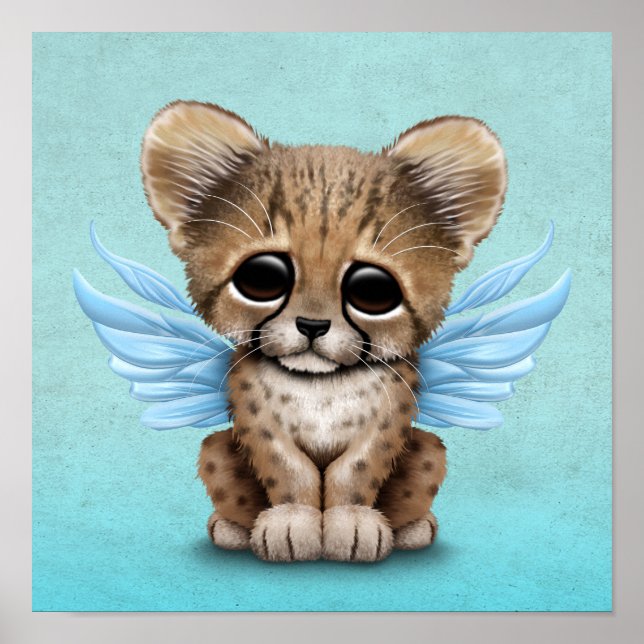 Cute Cheetah Cub with Fairy Wings on Blue Poster (Front)