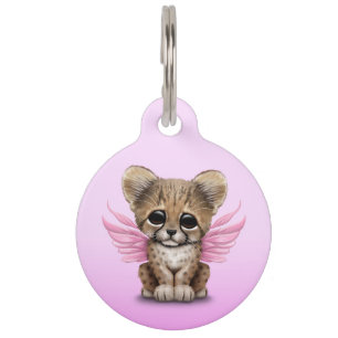 Cute Cheetah Cub with Fairy Wings on Pink Pet Tag