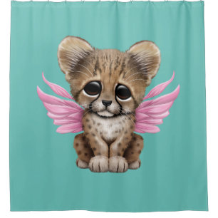 Cute Cheetah Cub with Fairy Wings on Pink Shower Curtain