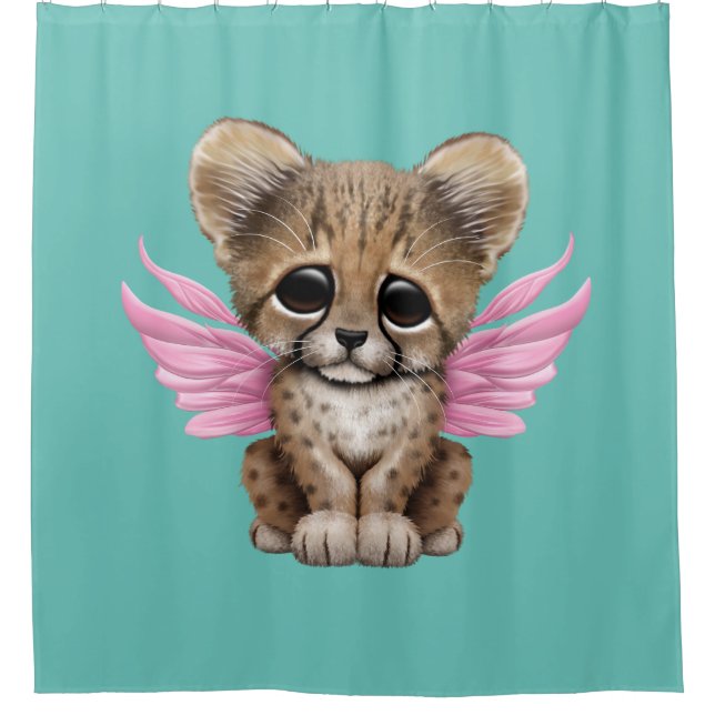 Cute Cheetah Cub with Fairy Wings on Pink Shower Curtain (Front)