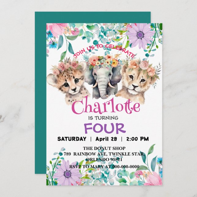 Cute cheetah Lion jungle Animals Birthday Floral Invitation (Front/Back)