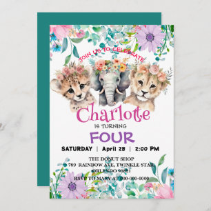 Cute cheetah Lion jungle Animals Birthday Floral Invitation