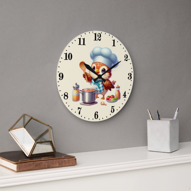 Cute chef bird owl  large clock (Office)