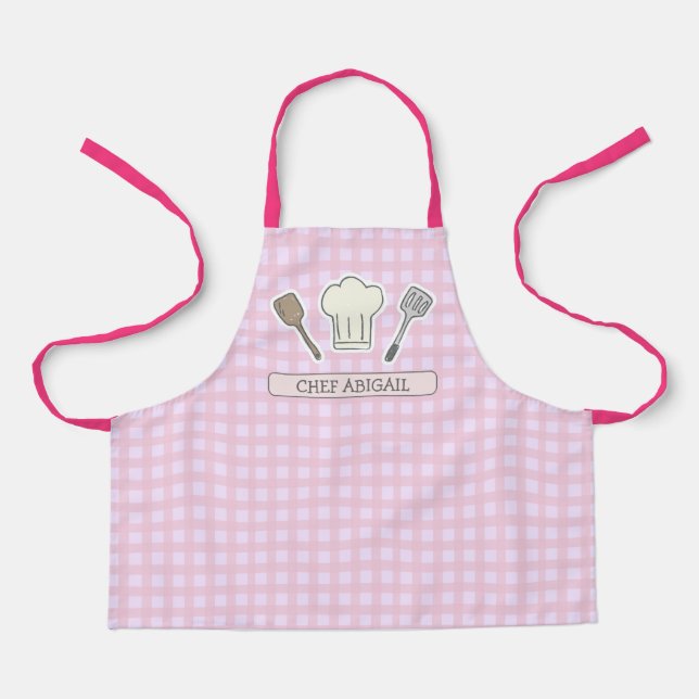 Cute Chef Cooking Personalised Pink Gingham Apron (Front)